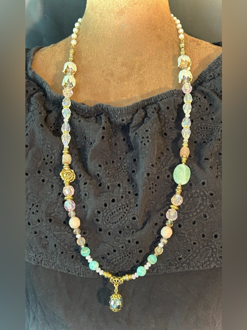 “Champagne Daydream”Necklace - Amazonite,Cat’s Eye,Acrylic,Crystal - Picture 2 of 8